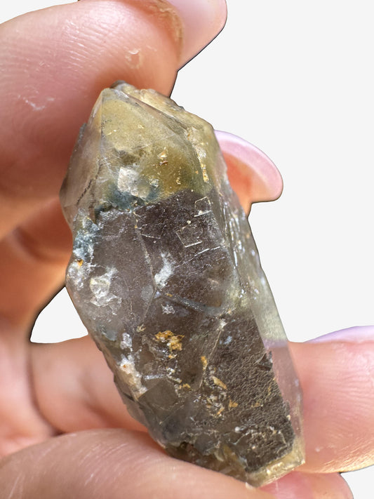 Smokey Malawi Quartz cluster with shimmering mica inclusions, displaying natural earthy tones and sparkling crystal points.