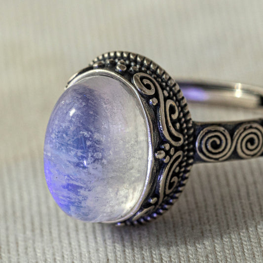 Rainbow Moonstone Big Oval Silver Ring - Sentient Crystals - stone type - stone keywords