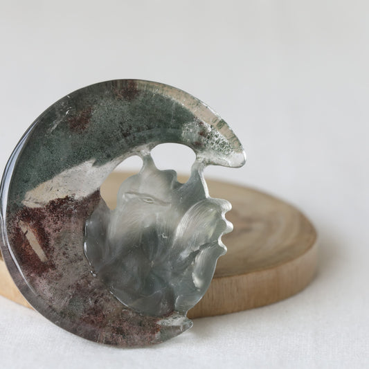 Garden Quartz Moon With Fox Carvings - Sentient Crystals - stone type - stone keywords