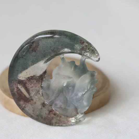 Garden Quartz Moon With Fox Carvings - Sentient Crystals - stone type - stone keywords