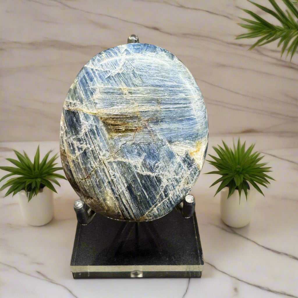 A polished Blue Kayanite Palm Stone displayed on a black stand, with two small potted plants in the background.