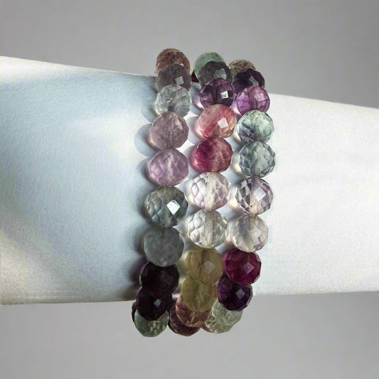 Multi Fluorite faceted bracelet featuring vibrant green, purple, and clear gemstones, symbolizing focus, protection, and mental clarity