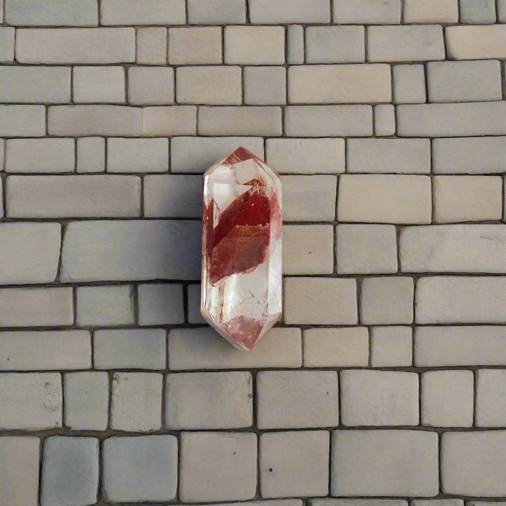 A red phantom quartz freeform crystal with triangular shape and polished surface, placed on a light background casting a shadow.