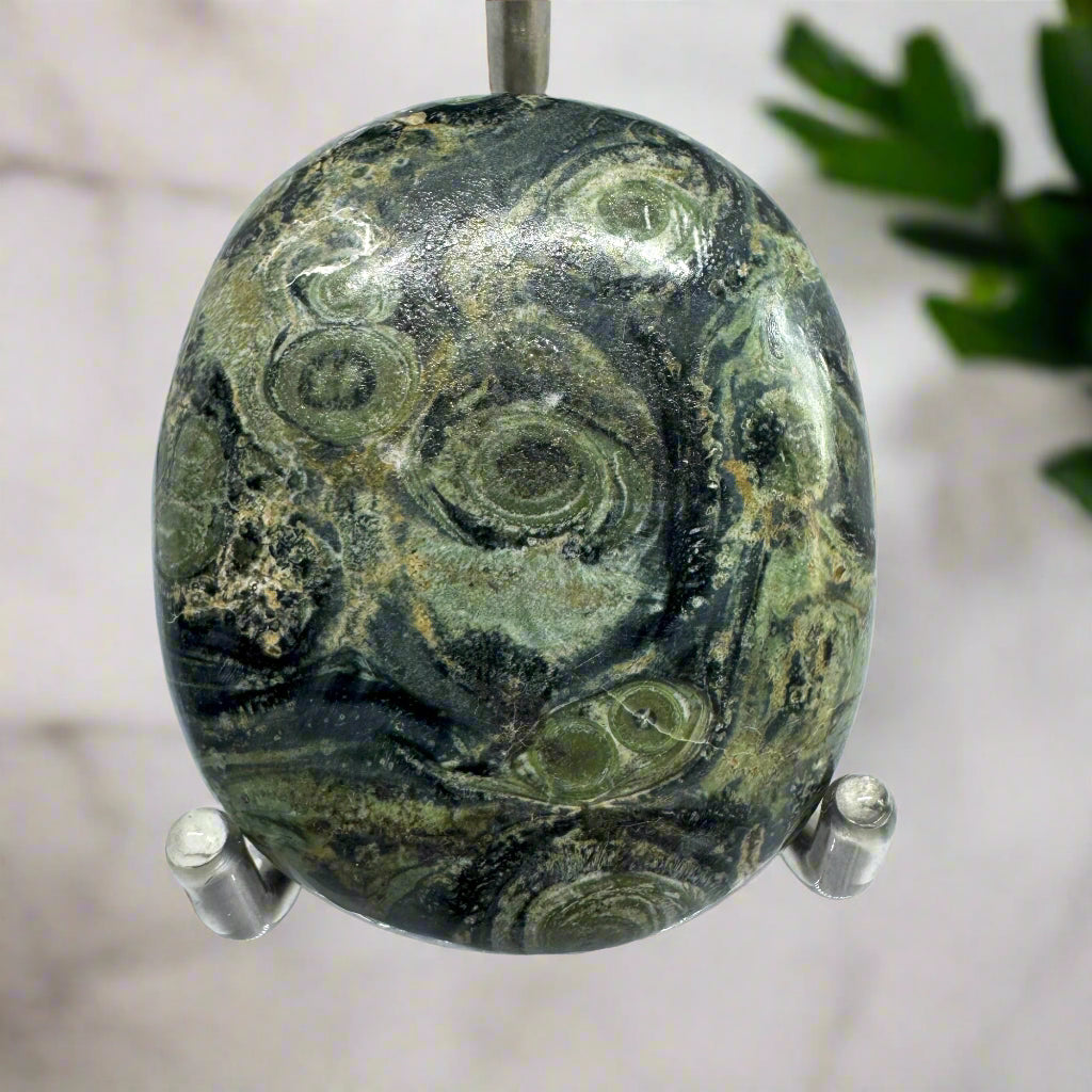 A polished palm stone of Khambaba Jasper with deep green and black patterns, displayed against a neutral background.