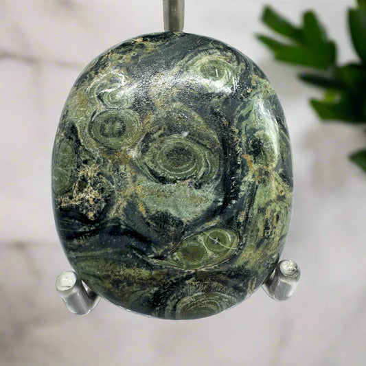 A polished palm stone of Khambaba Jasper with deep green and black patterns, displayed against a neutral background.