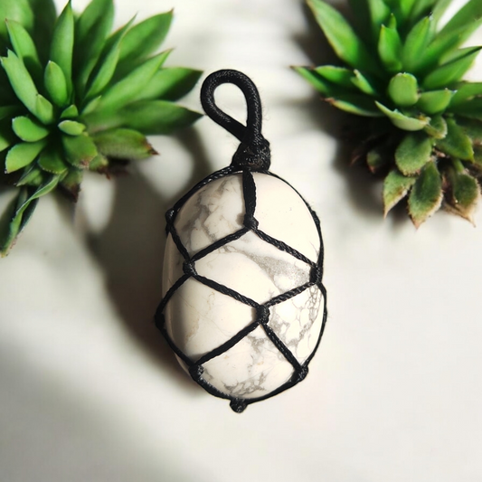 A howlite stone pendant with white and grey veining, threaded on a black cord, displayed against a background of green succulent plants.