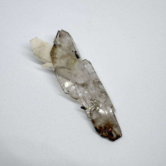 A smokey quartz crystal with a feldspar cluster attached, placed on a white background.
