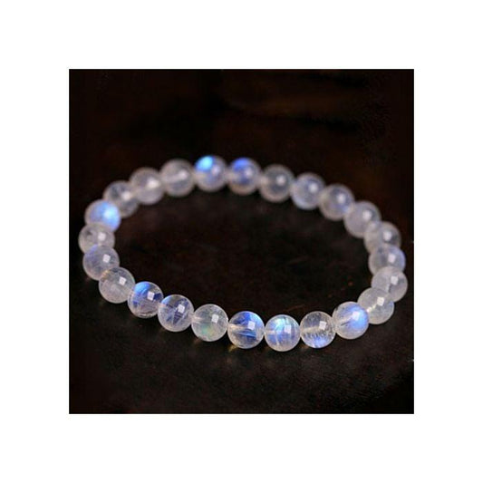 A stretchy bracelet made of round rainbow moonstone beads.