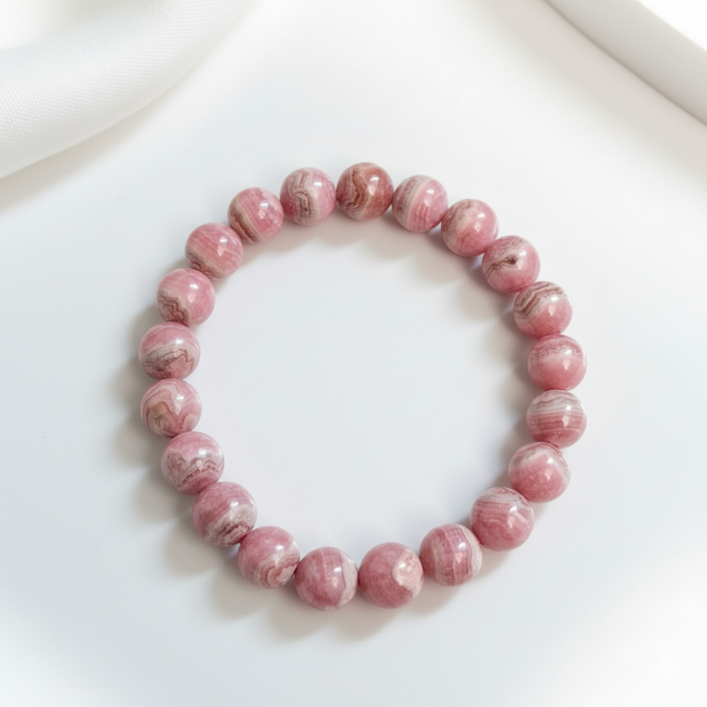 Polished Rhodochrosite gemstone bracelet with round beads on elastic band, displayed on neutral background